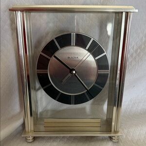 Vintage Bulova Silver and Black Aluminum & Glass Mantel Clock Tested works mint